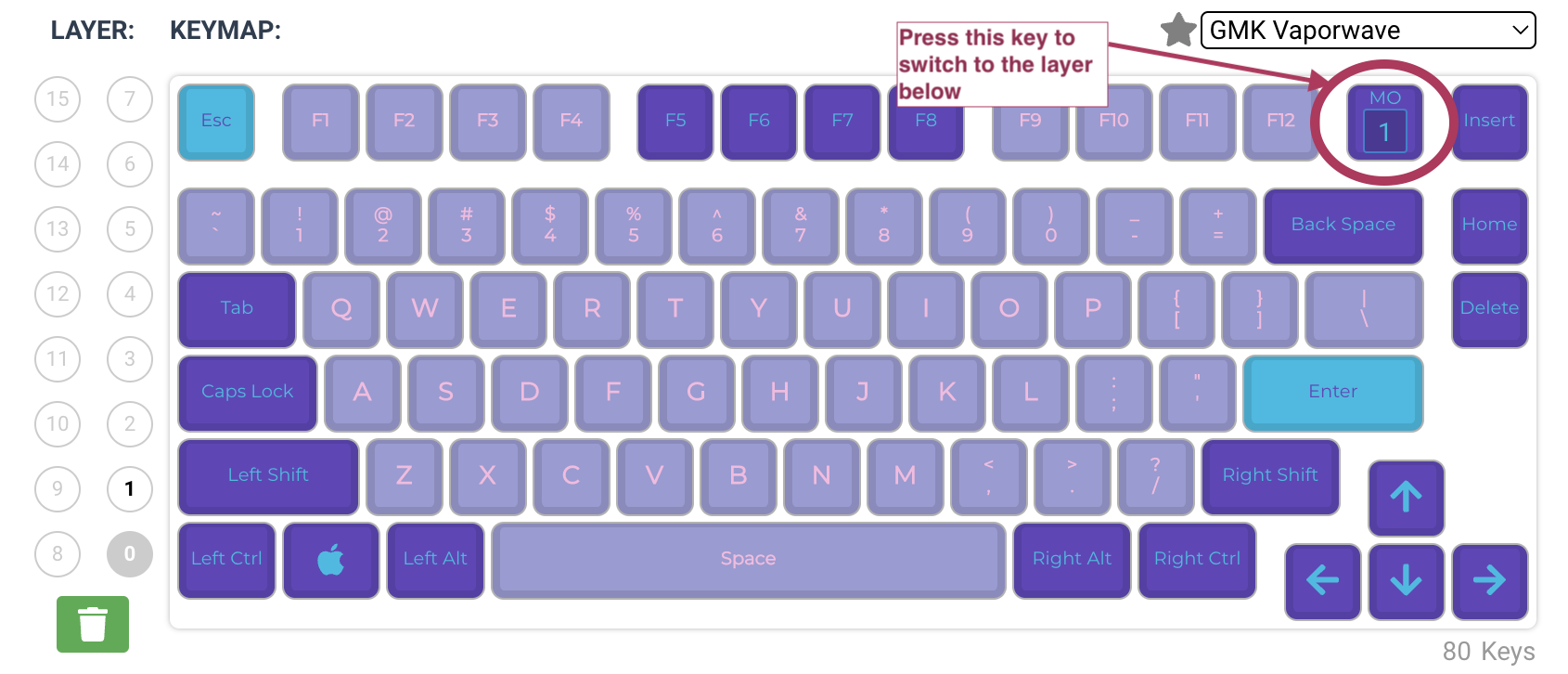 Screenshot of the QMK Configurator showing the default layer 0 on the Idabao ID80 keyboard